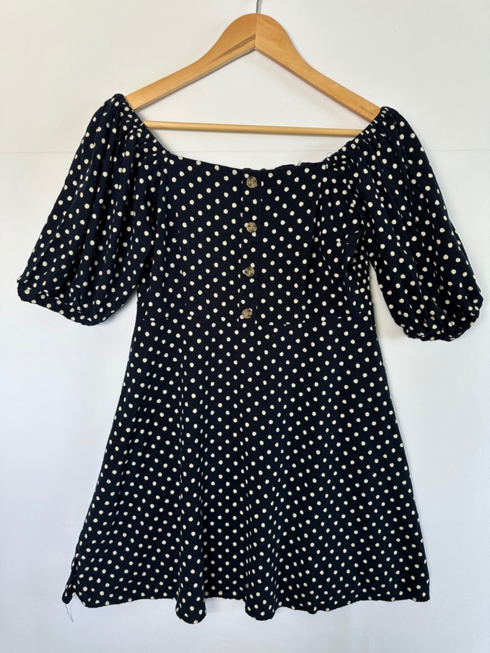 Vero Moda Polka Dot Mini Dress Linen Blend Navy Beige Babydoll Off Shoulder M